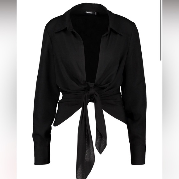 boohoo Black Woven Tie Front plunge neck cropped Shirt size 2 - Picture 3 of 15